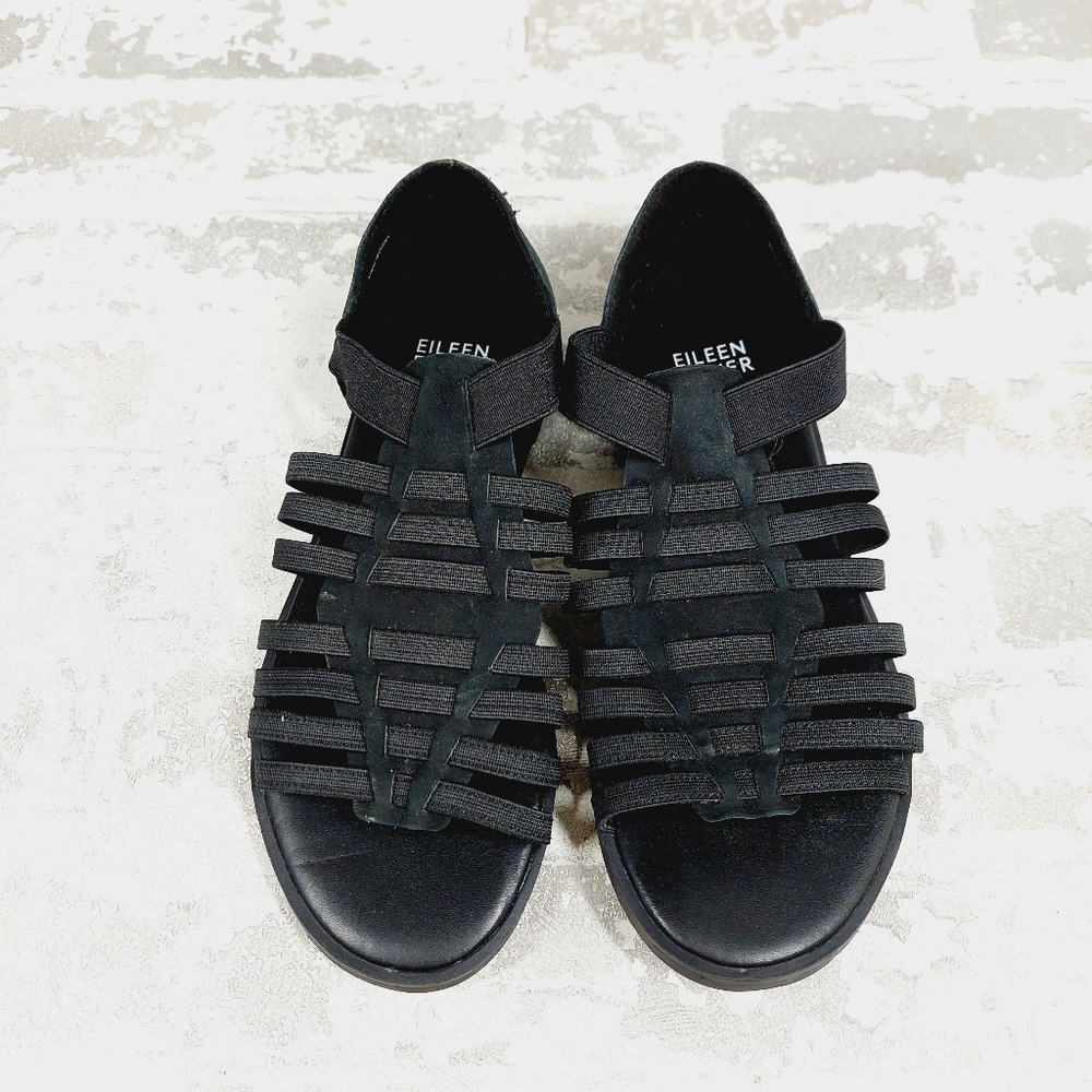 New Eileen Fisher Rato Black Leather Elastic Casual Gladiator Sandals C1062